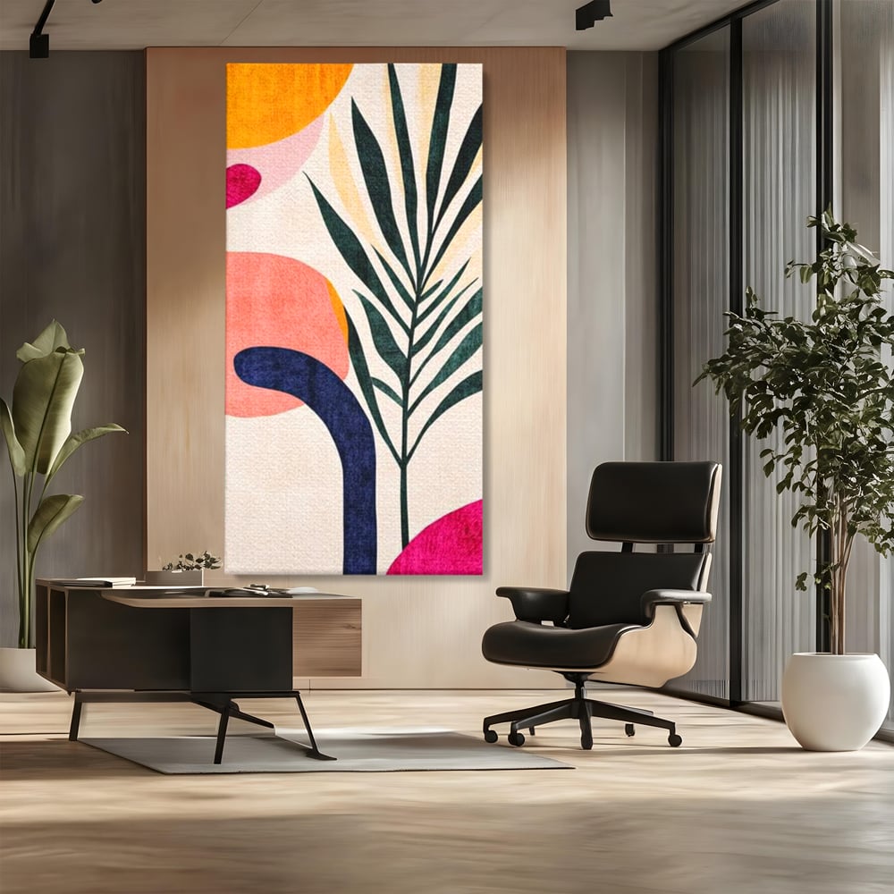 Tablou canvas cu ilustratie abstracta cu frunze de palmier, fara rama, pe sasiu de lemn, pe perete intr-un birou